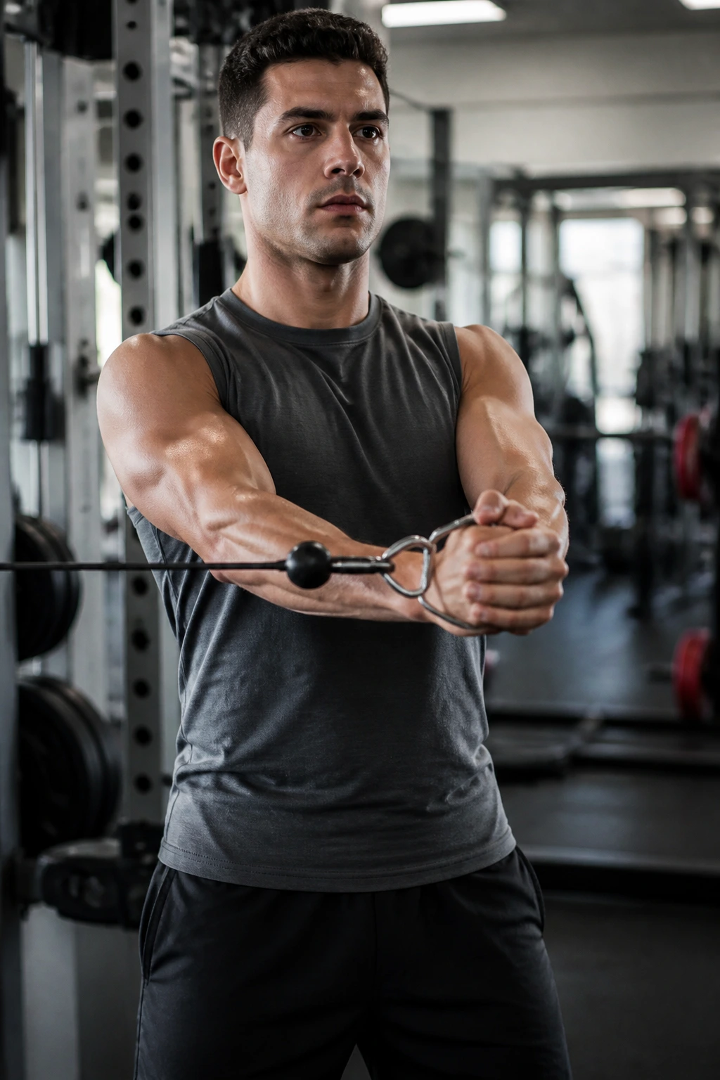 Person performing Pallof press with a cable in a gym