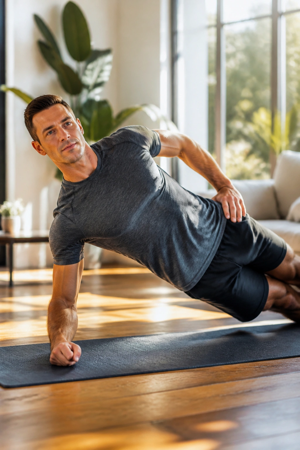 Person in side plank on mat demonstrating core posture work.