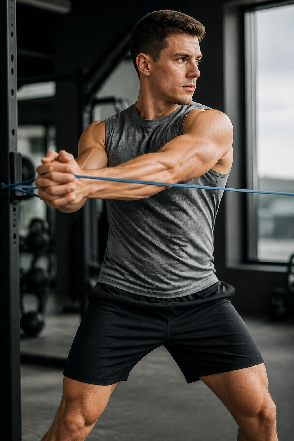 Close-up of torso twisting during Pallof press in gym