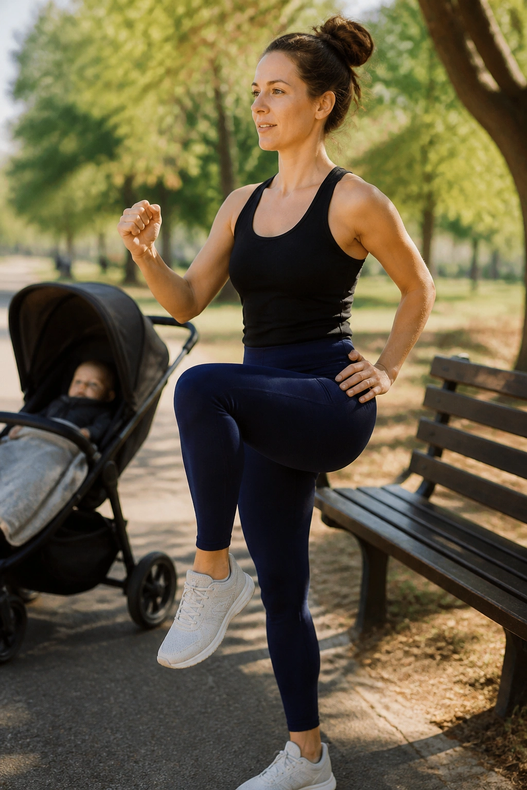 Real mom performing a knee lift near a park bench with stroller nearby in a sunny park