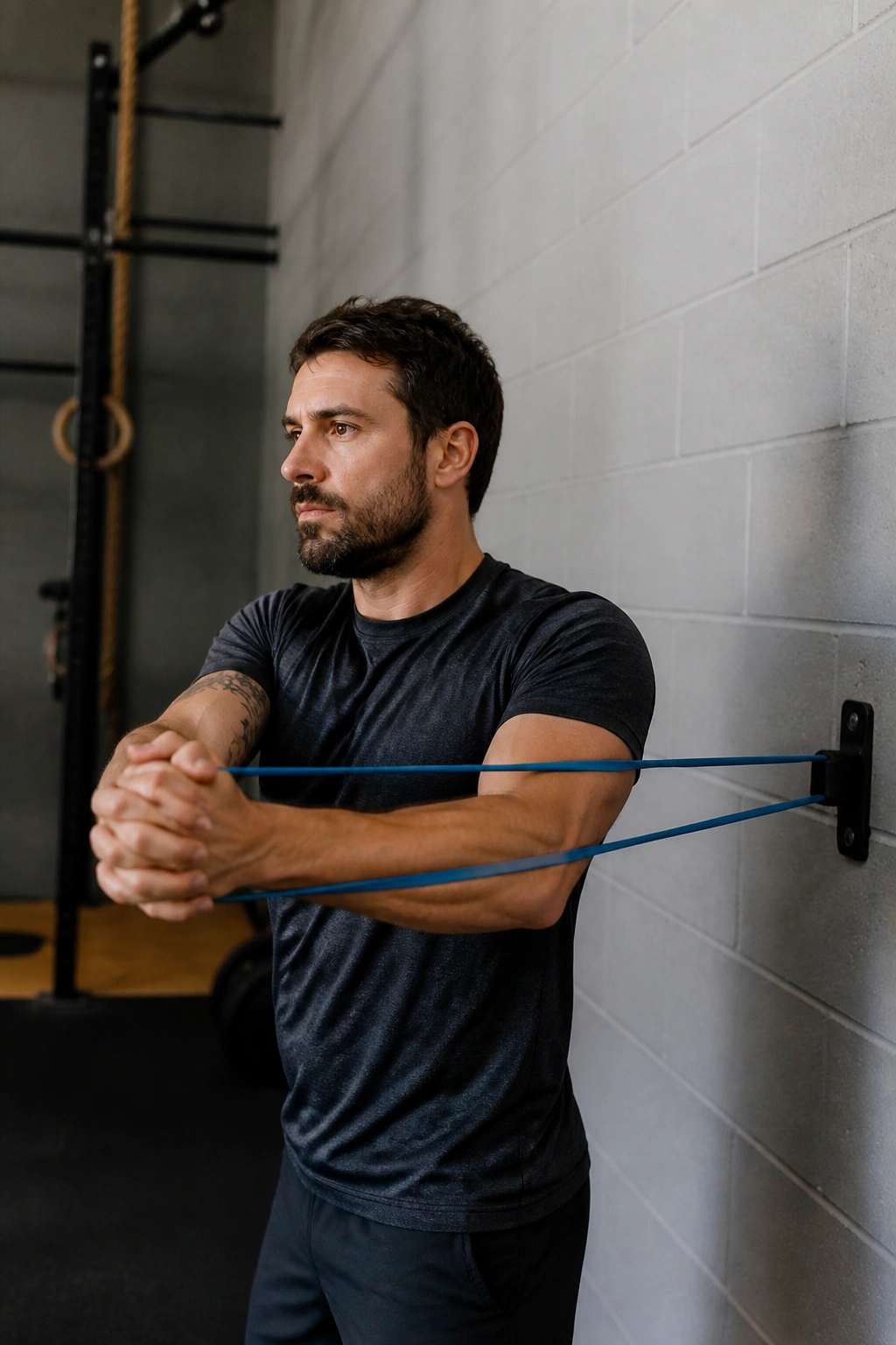 Person performing Pallof press with resistance band braced core