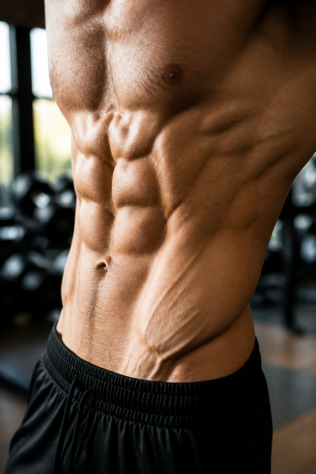 Close-up of a braced torso showing engaged core in a gym setting
