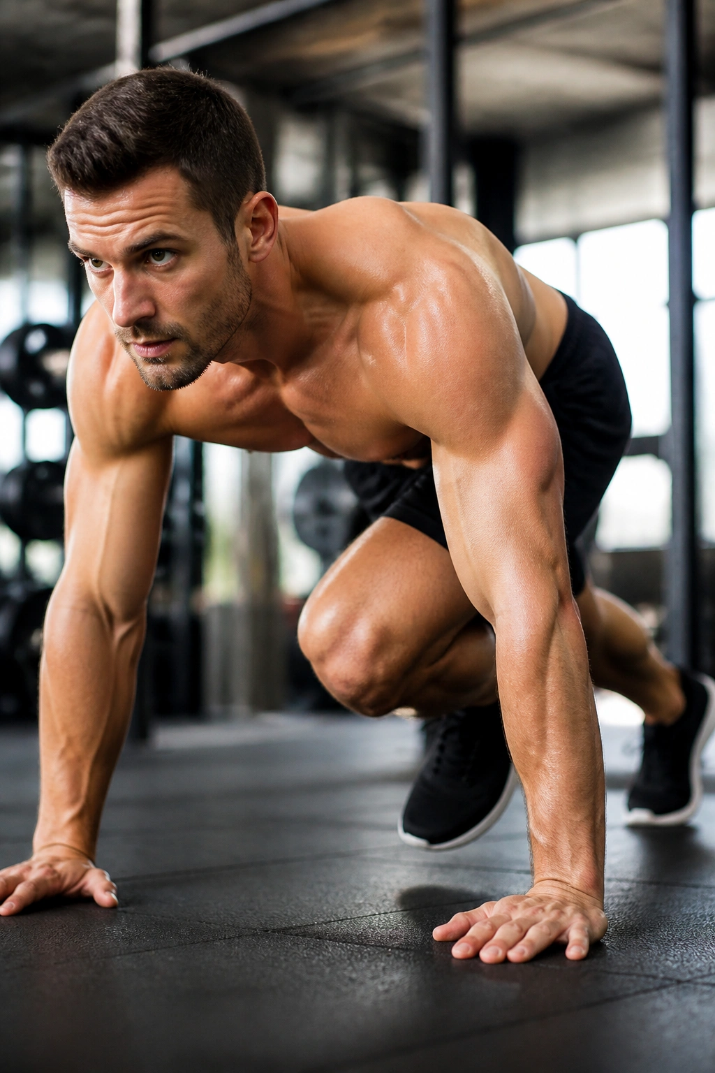 Real person performing mountain climbers with strong core engagement