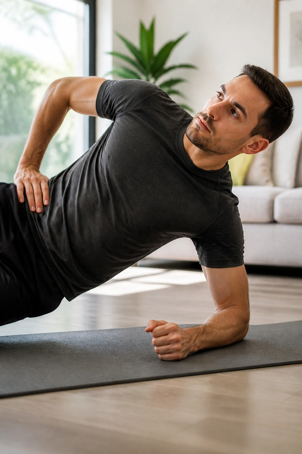 Person in side plank demonstrating core stability on a mat