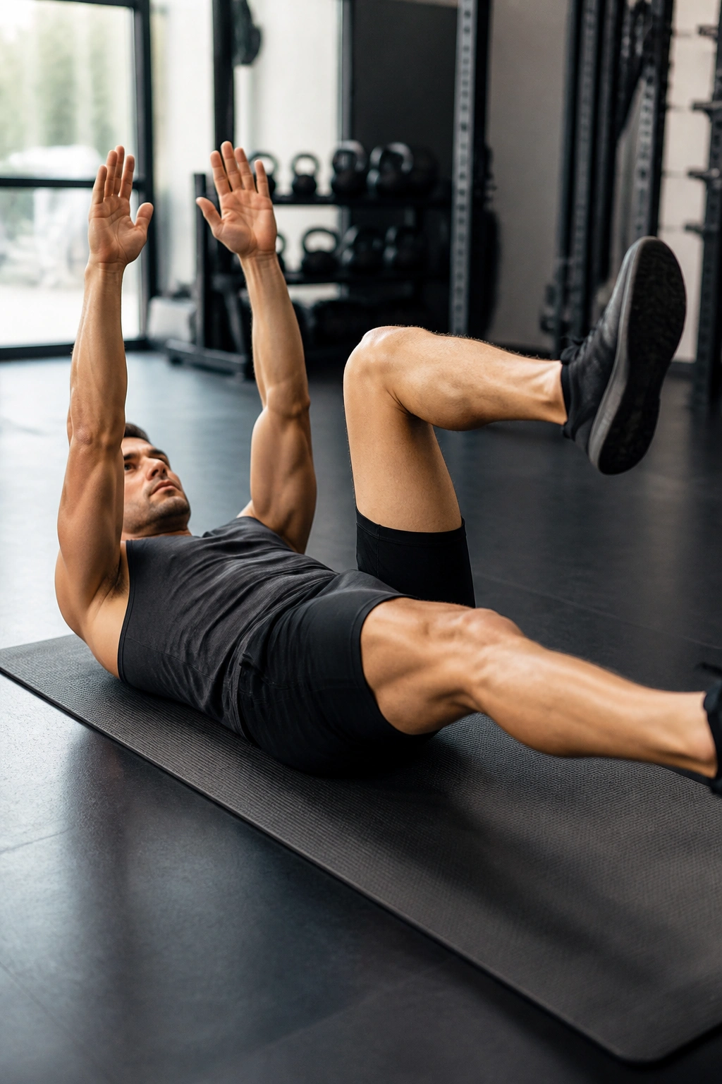 Close-up of a person performing a dead bug core exercise on a mat
