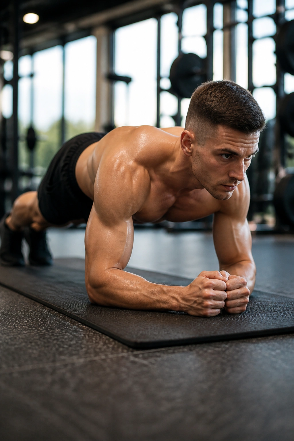 Close-up of a braced core in forearm plank on gym mat