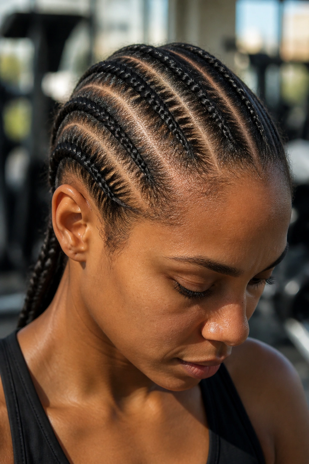 Close-up of a real person with cornrows during a workout