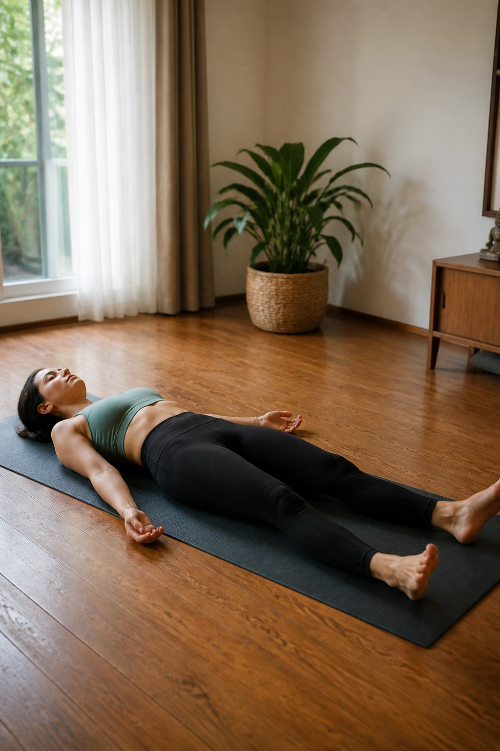 Person in savasana on yoga mat with eyes closed in a calm room