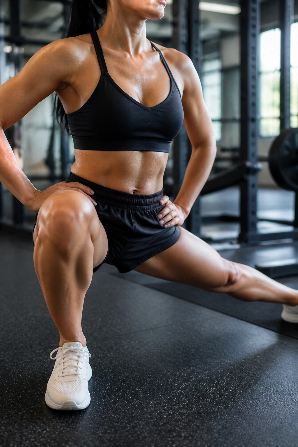 Close-up of a person performing a Cossack squat in a gym, highlighting hip mobility and inner thigh stretch
