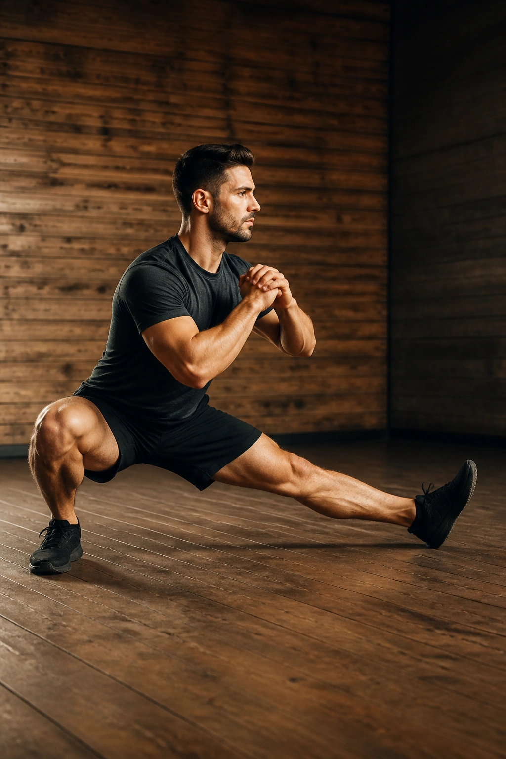 Side-profile of a real person in a Cossack squat demonstrating hip mobility