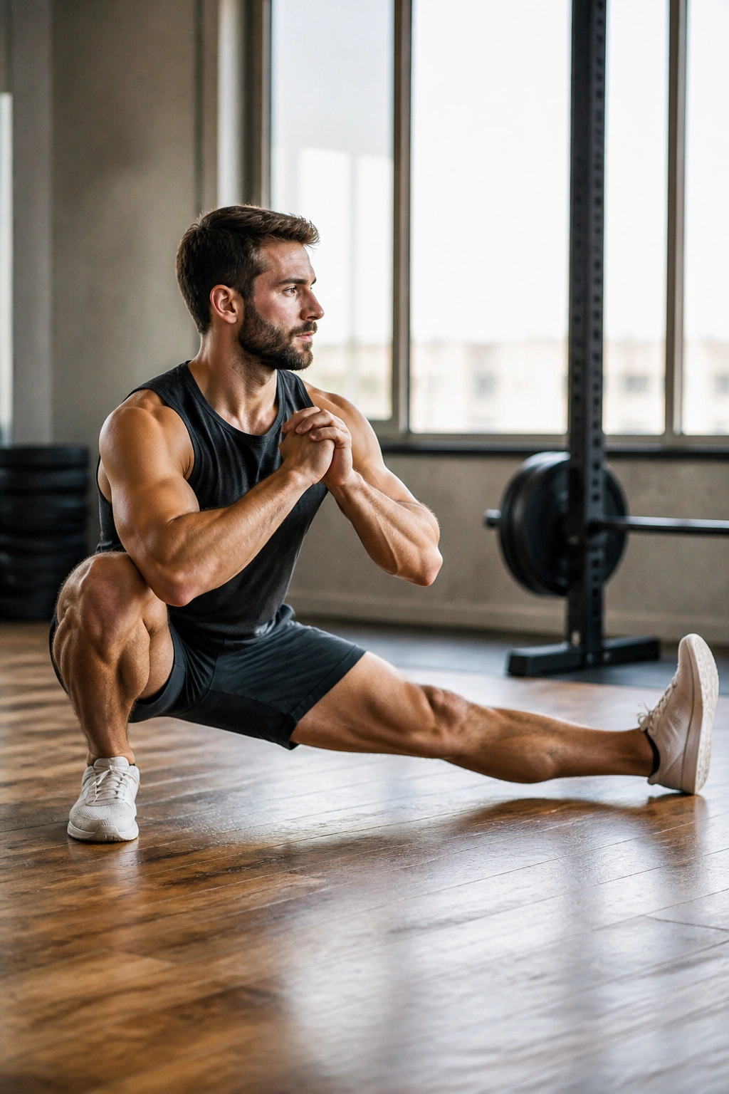 Side-profile mid-shot of a person performing a Cossack squat in a gym