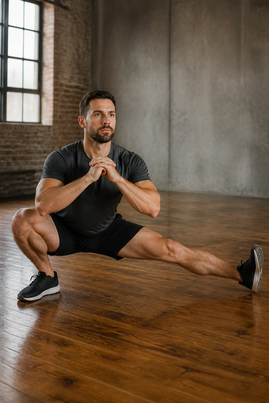 Real person performing a deep cossack squat with chest up in a gym