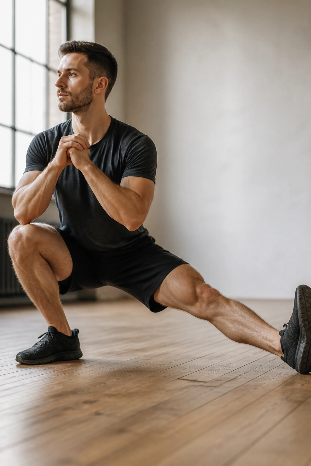 Medium close-up of a person performing a Cossack squat showing wide stance and knee bend in a gym setting