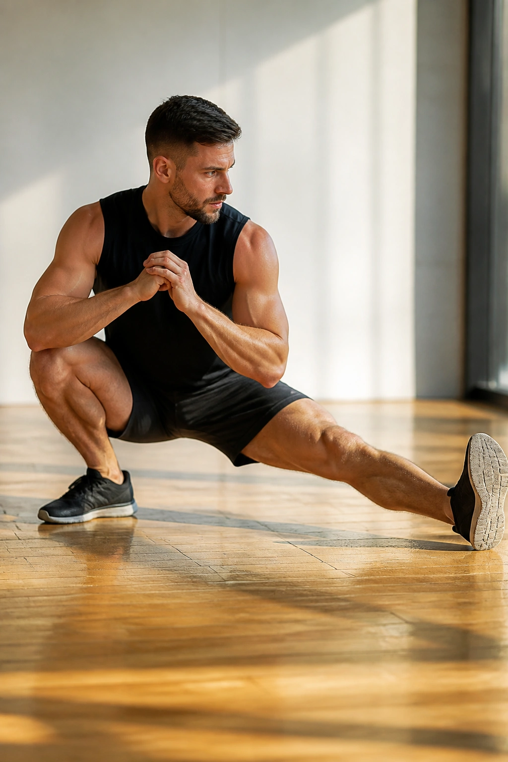 Person performing a deep Cossack squat with one leg bent and the other straight