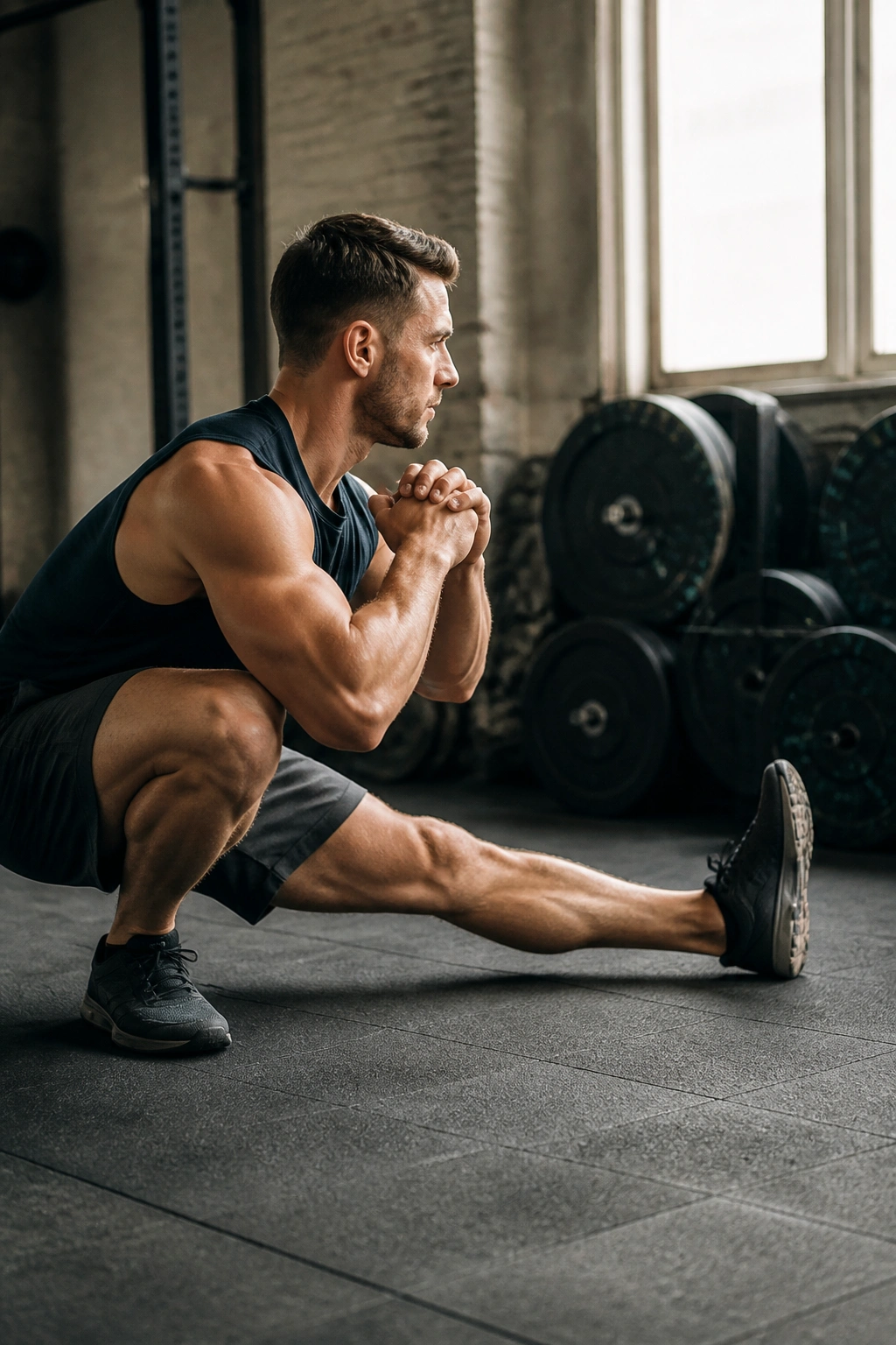 Athlete in deep Cossack squat side profile, showing lateral mobility.