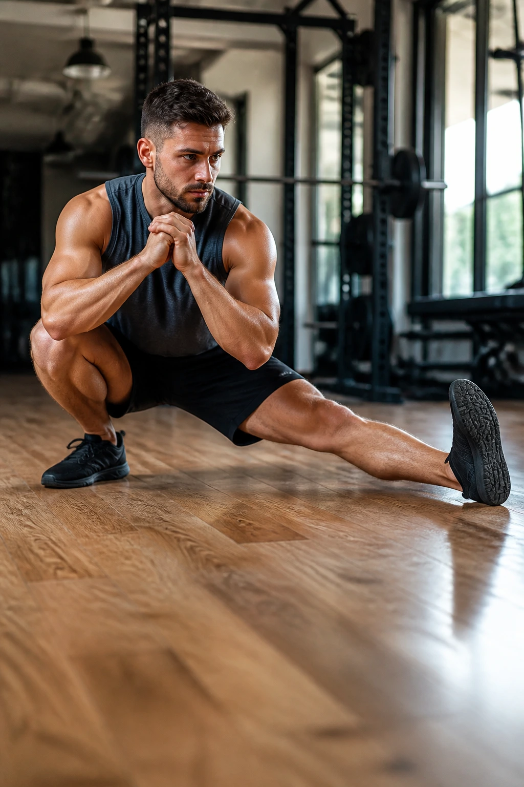 Real person performing a deep Cossack squat in gym with toes up