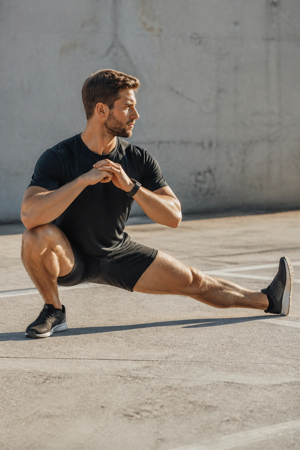Side profile of a person performing a Cossack squat with deep hip working leg