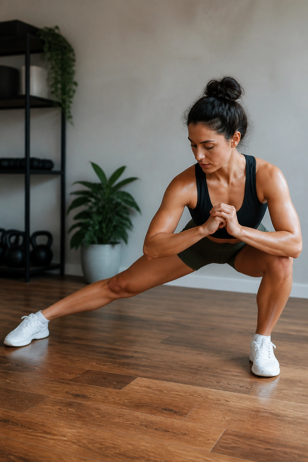 Real person performing a Cossack squat in a home gym, highlighting bent and straight legs.