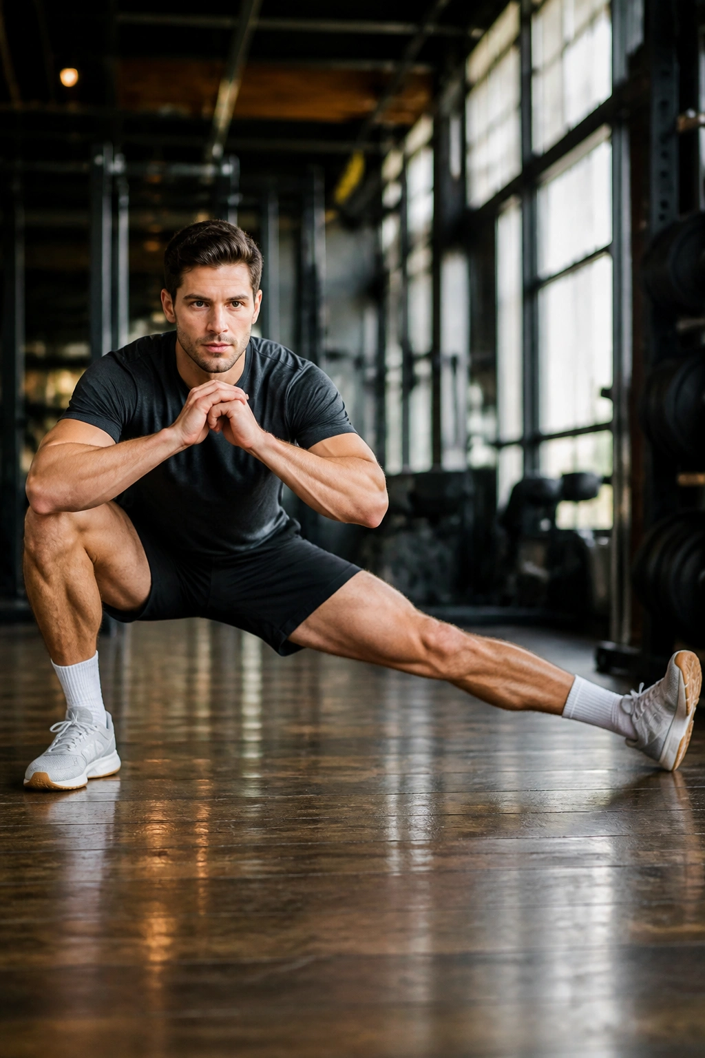 Athlete performing Cossack squats highlighting adductor engagement in a gym