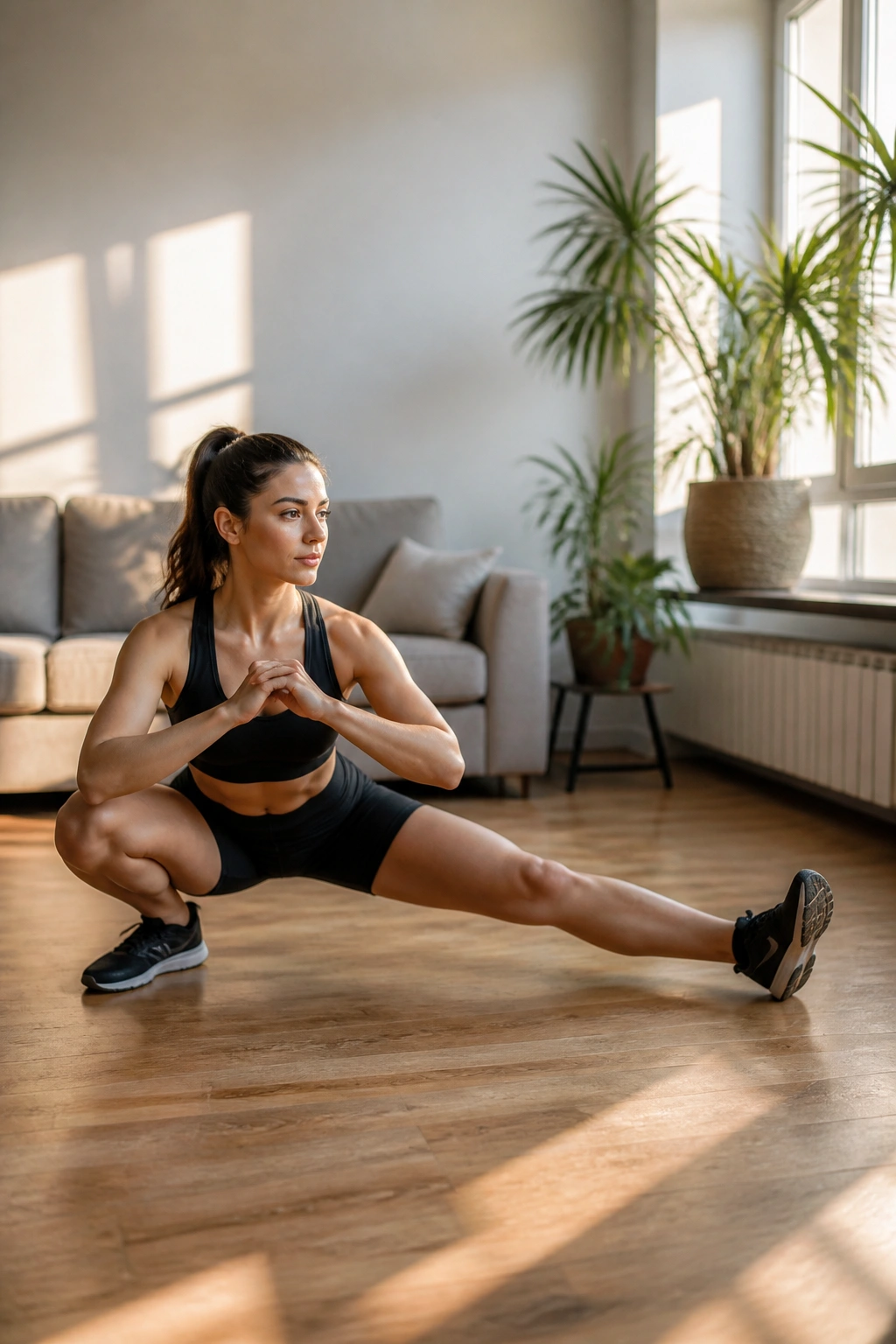 Side view of a person in a wide-stanced Cossack squat in a bright living room
