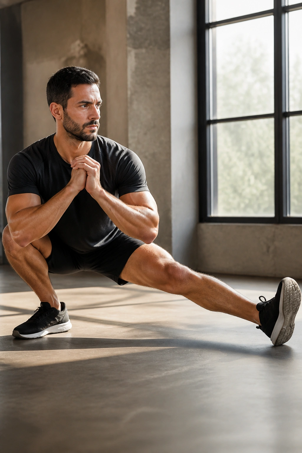 Close-up of a person performing Cossack squats with wide stance