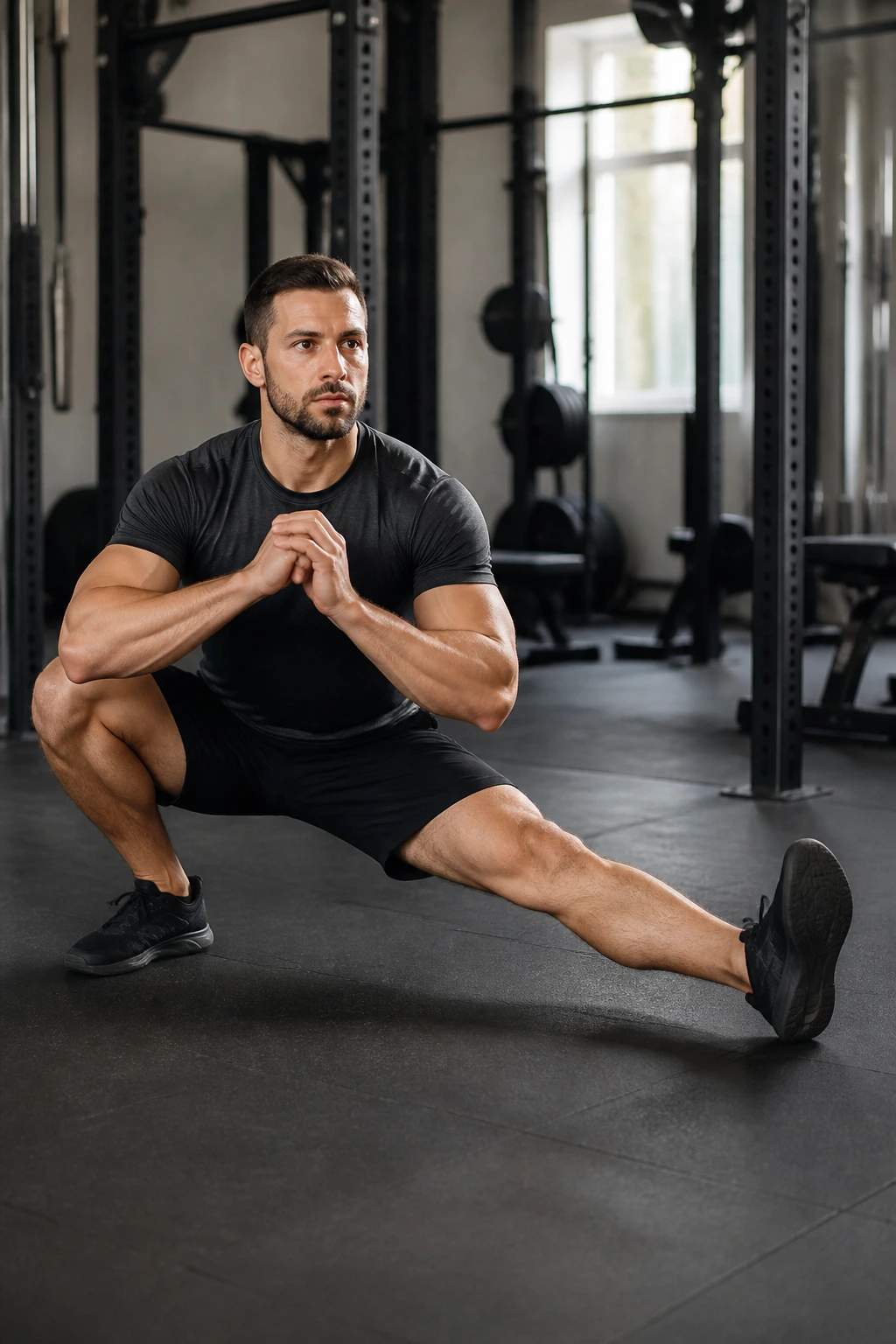 Person performing a deep Cossack squat in a gym setting