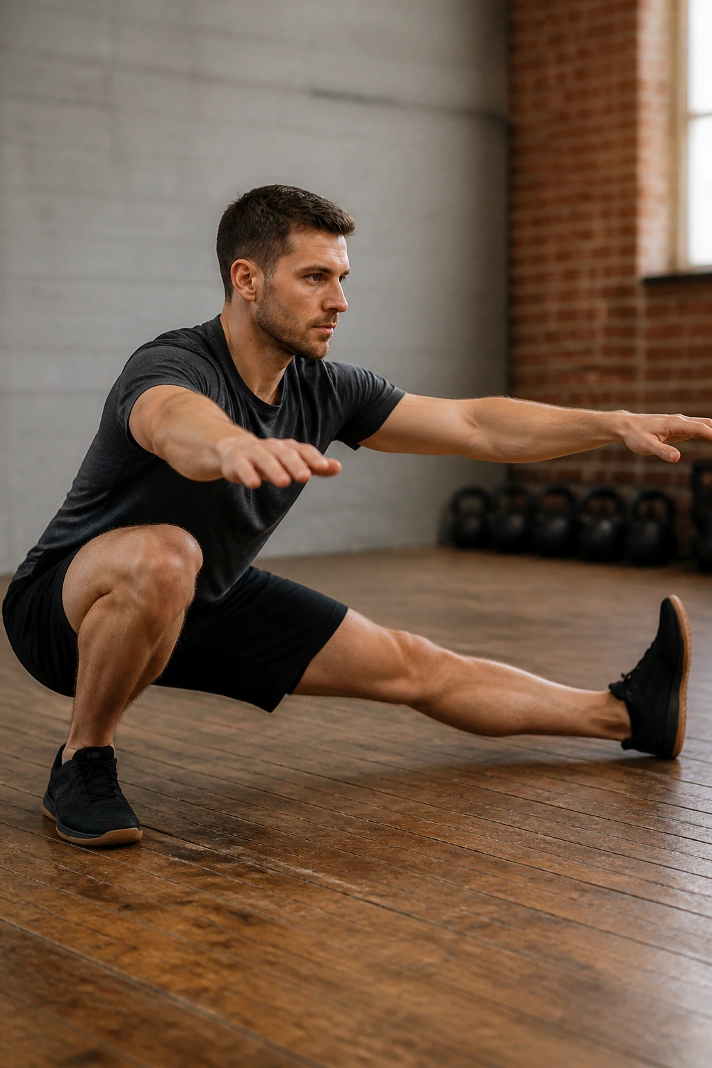 Person performing a deep Cossack squat in a gym