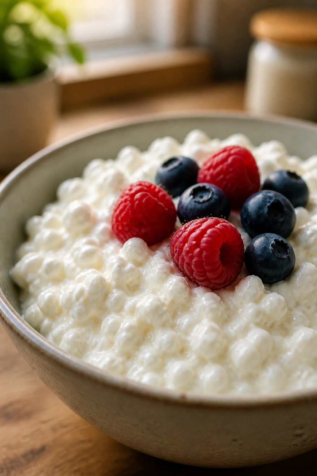 Close-up of cottage cheese in a bowl with berries on a kitchen counter