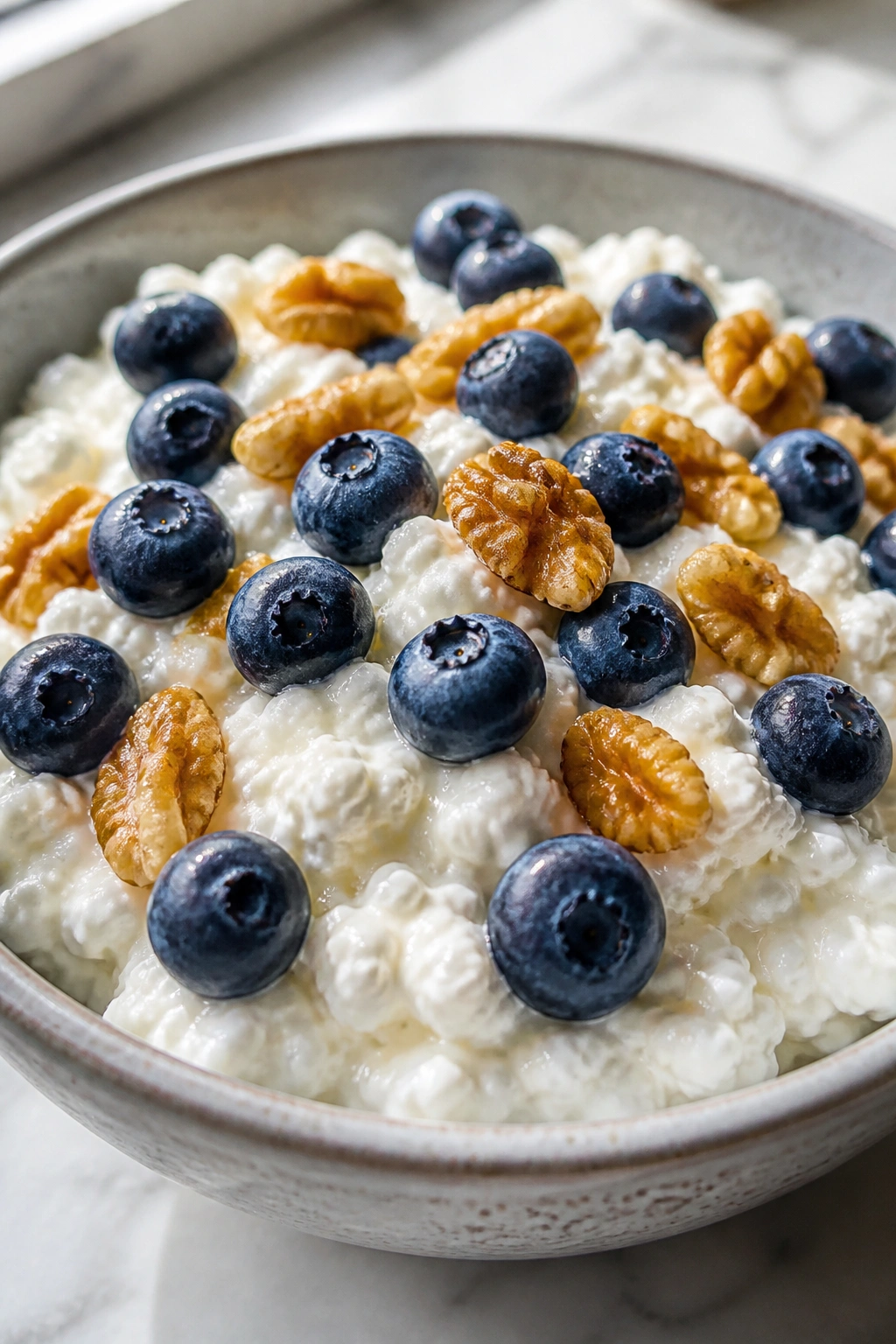 Close-up of a cottage cheese fruit bowl with blueberries and walnuts on a bright kitchen counter