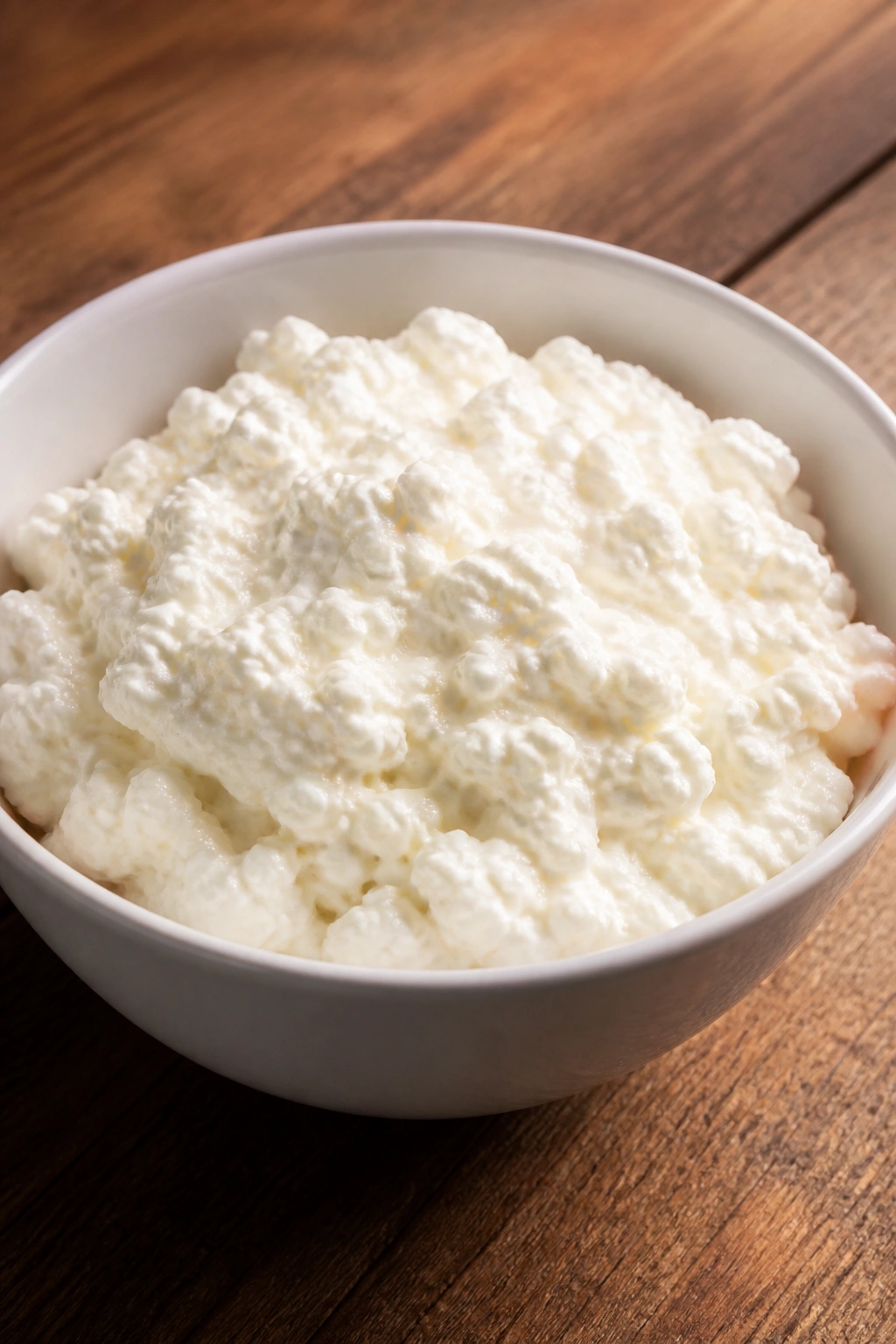 Close-up of cottage cheese in a bowl on a wooden countertop