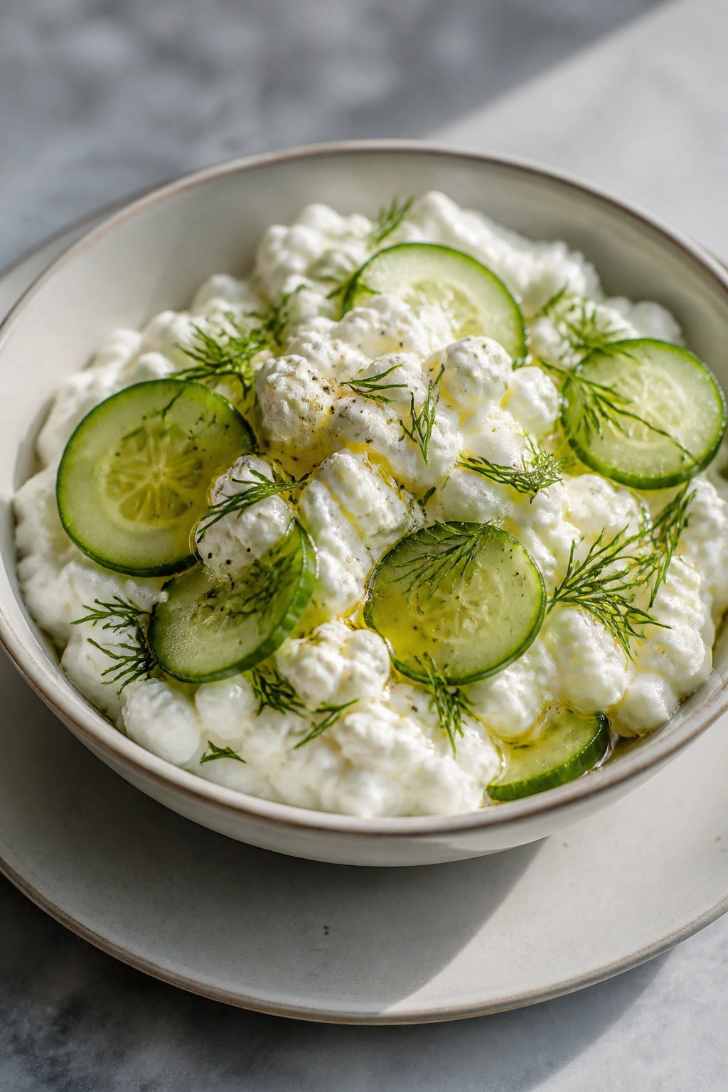 Cottage cheese with cucumber and dill on a plate