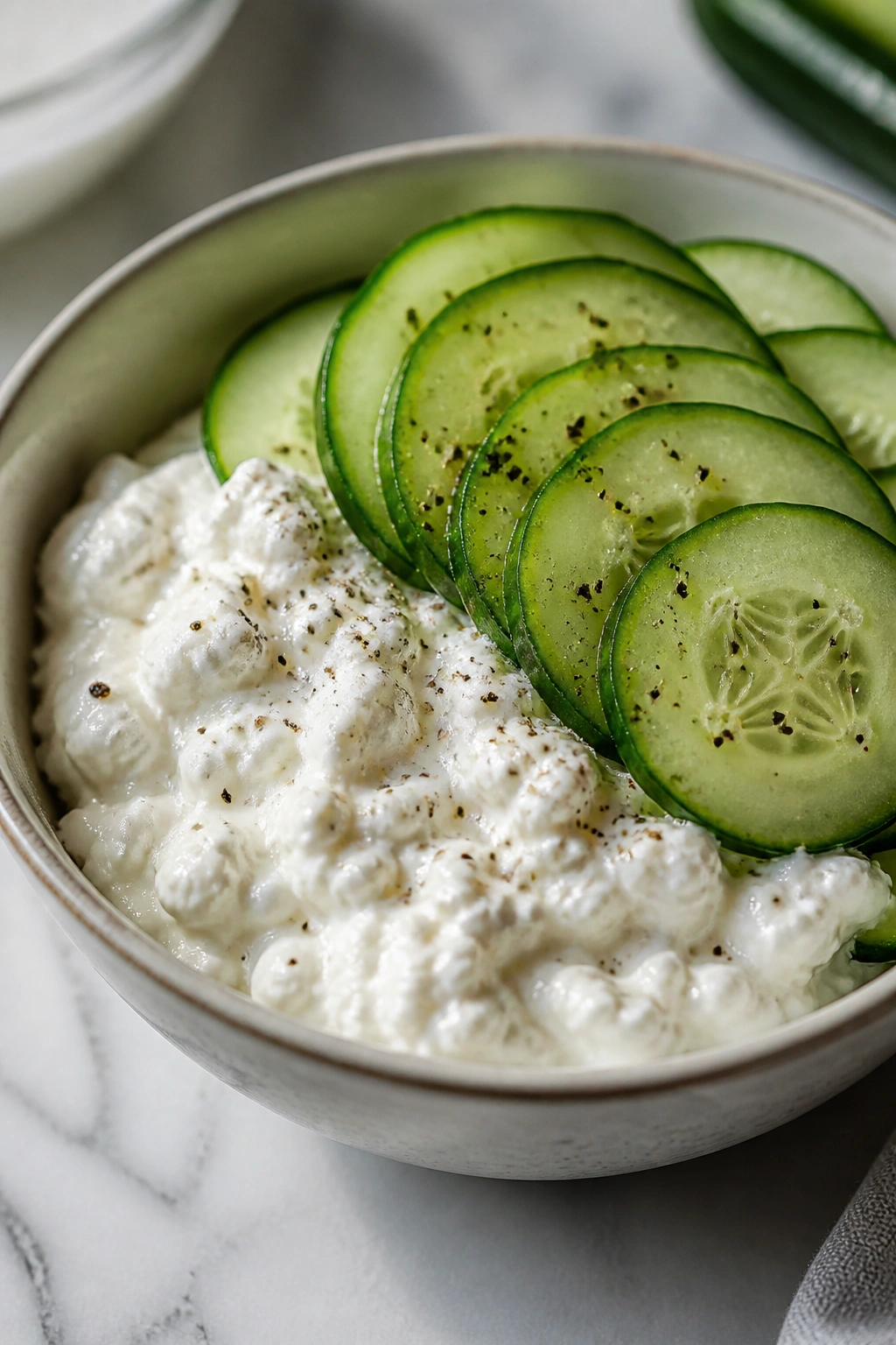Cottage cheese with cucumber and pepper on a bowl