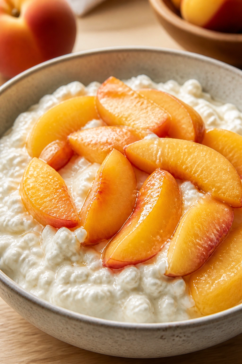 Close-up of cottage cheese with peach slices in a bowl