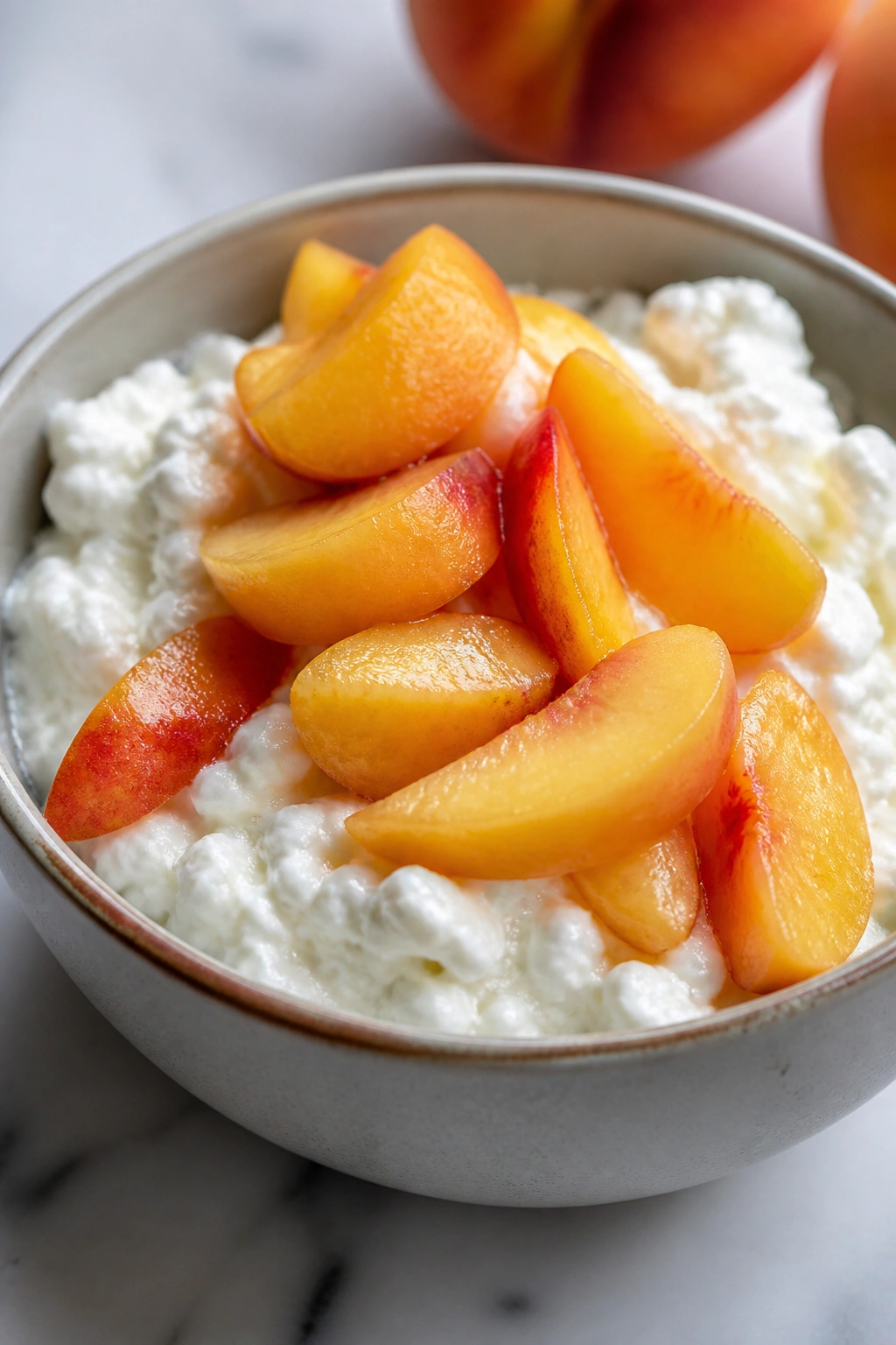 Bowl of cottage cheese with peach slices on top