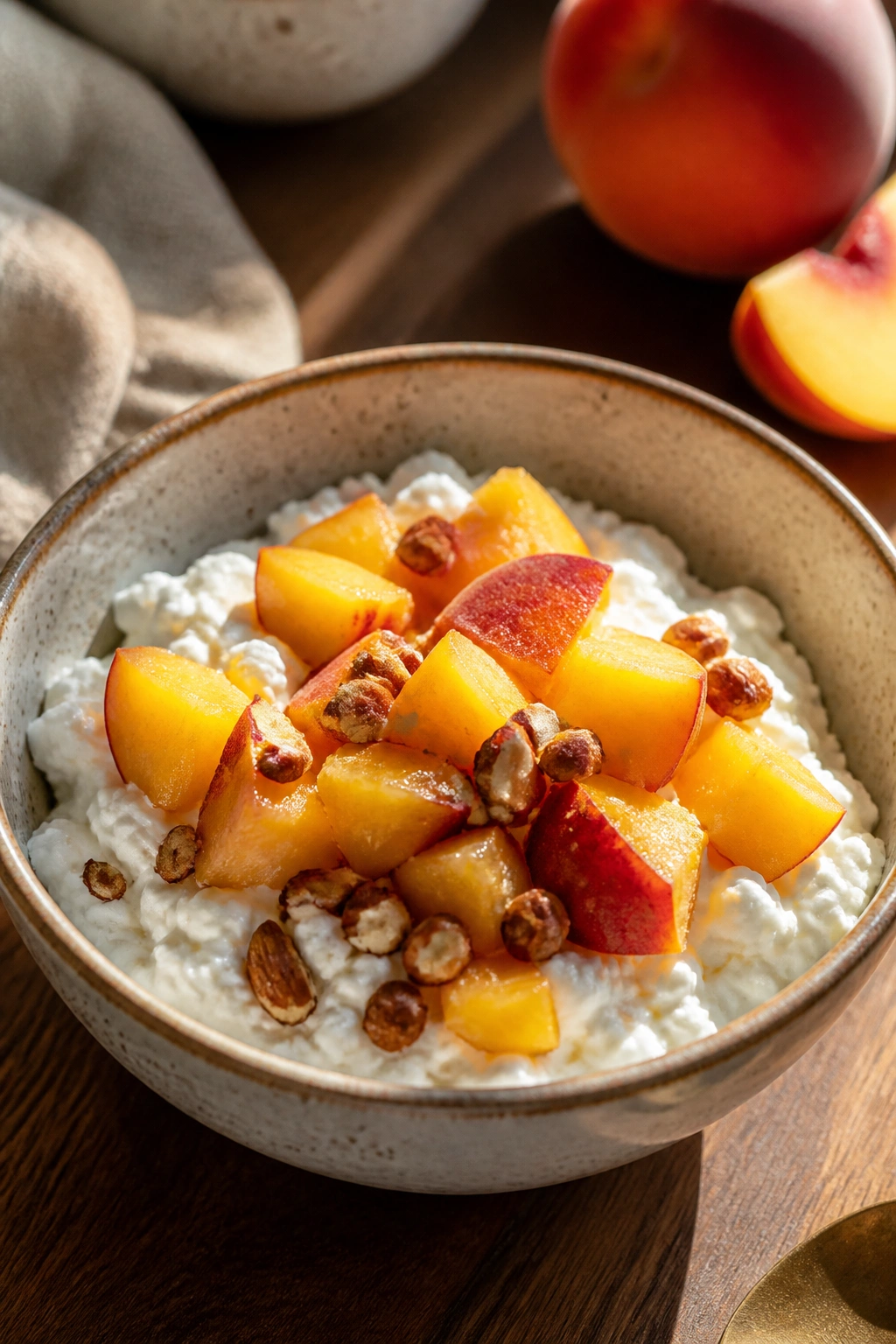 Bowl of cottage cheese with peaches and nuts