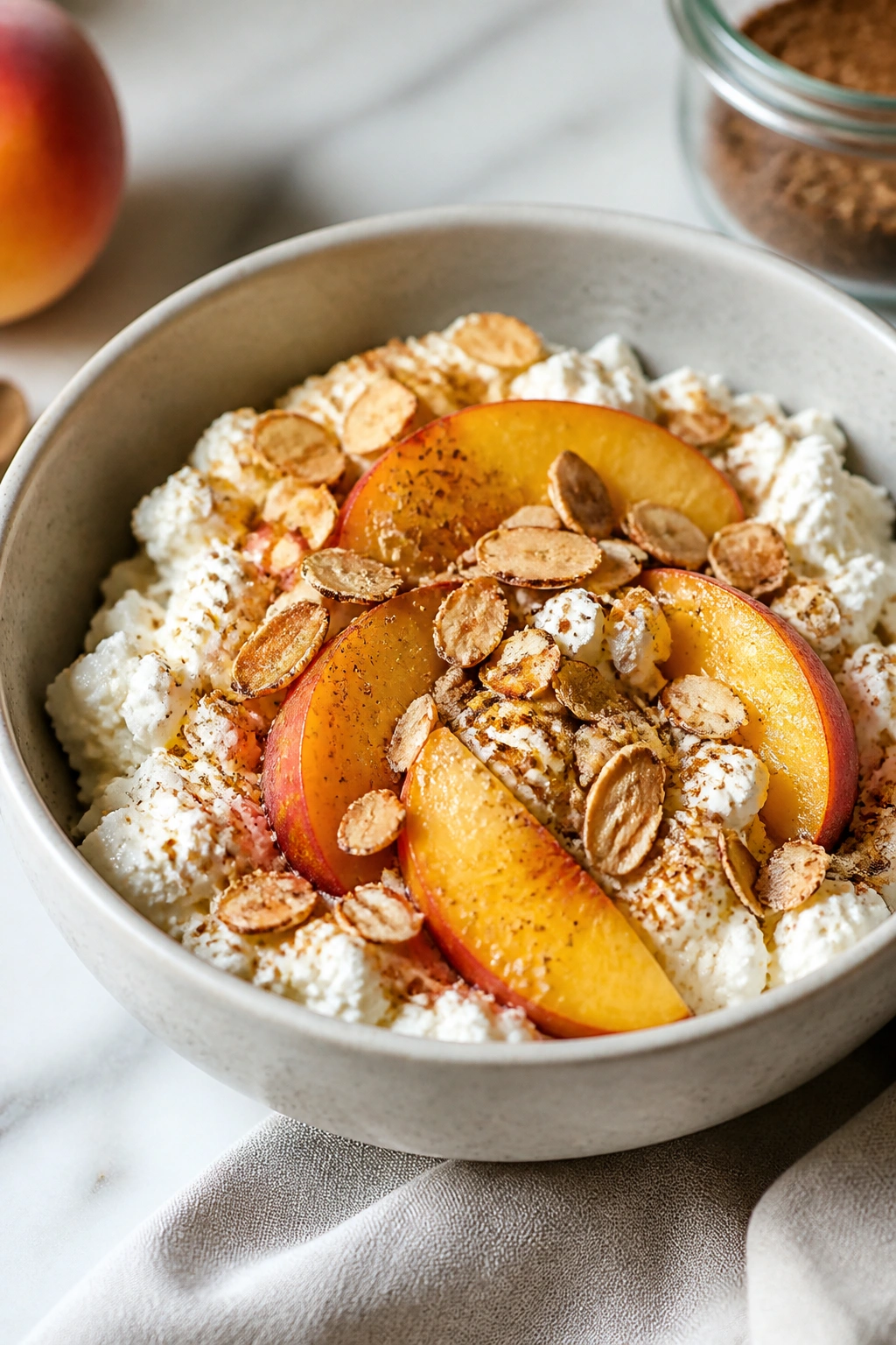 Close-up cottage cheese bowl topped with peaches and almonds.