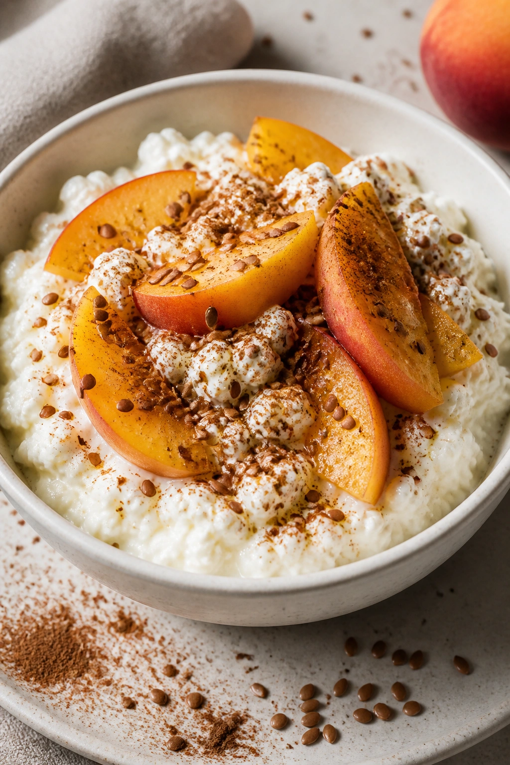 Close-up of cottage cheese bowl with peaches and flaxseed