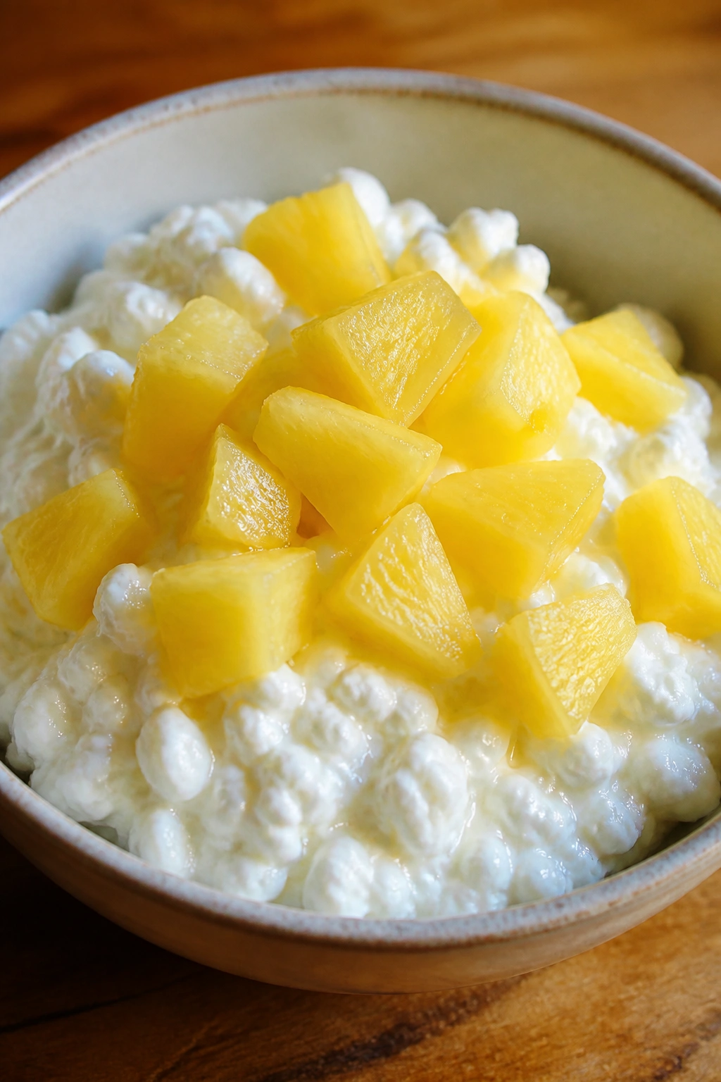 Close-up of cottage cheese with pineapple chunks in a bowl on a wooden counter