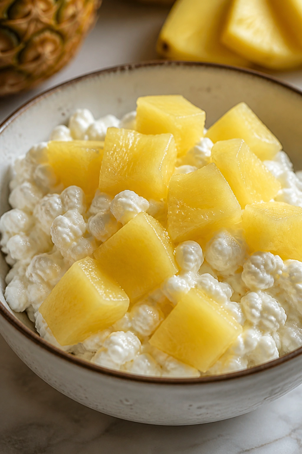 Close-up of cottage cheese with pineapple chunks