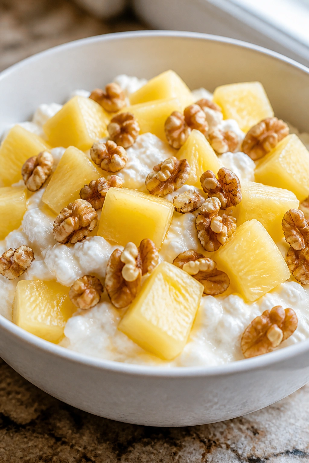 Close-up of cottage cheese with pineapple and walnuts in a bowl on a kitchen counter