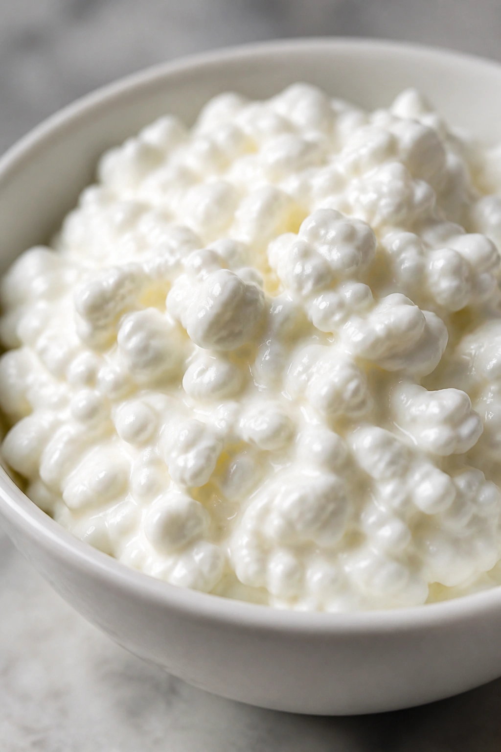 Close-up of cottage cheese mound in white bowl on neutral countertop