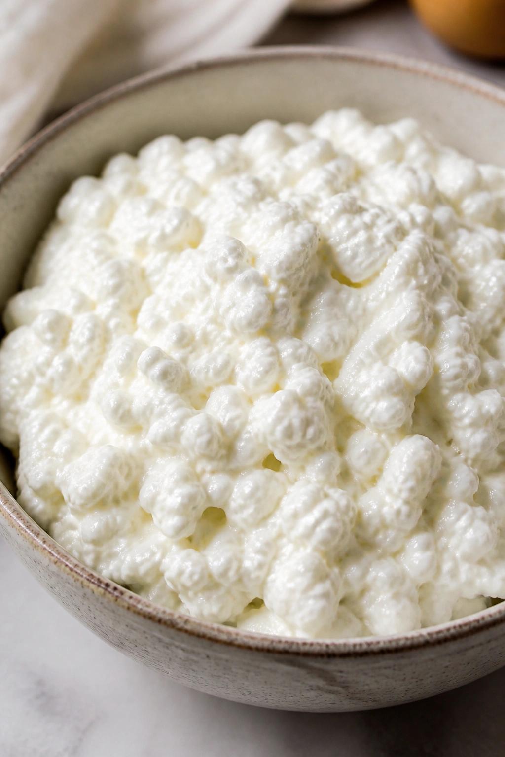Close-up of cottage cheese in a bowl on kitchen counter