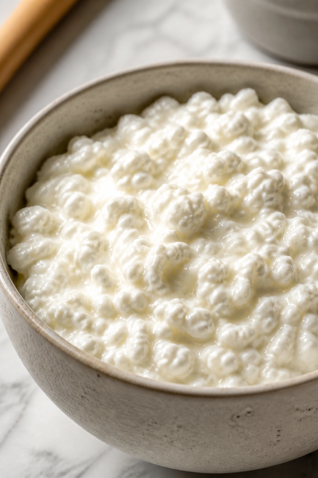 Bowl of cottage cheese filling the frame