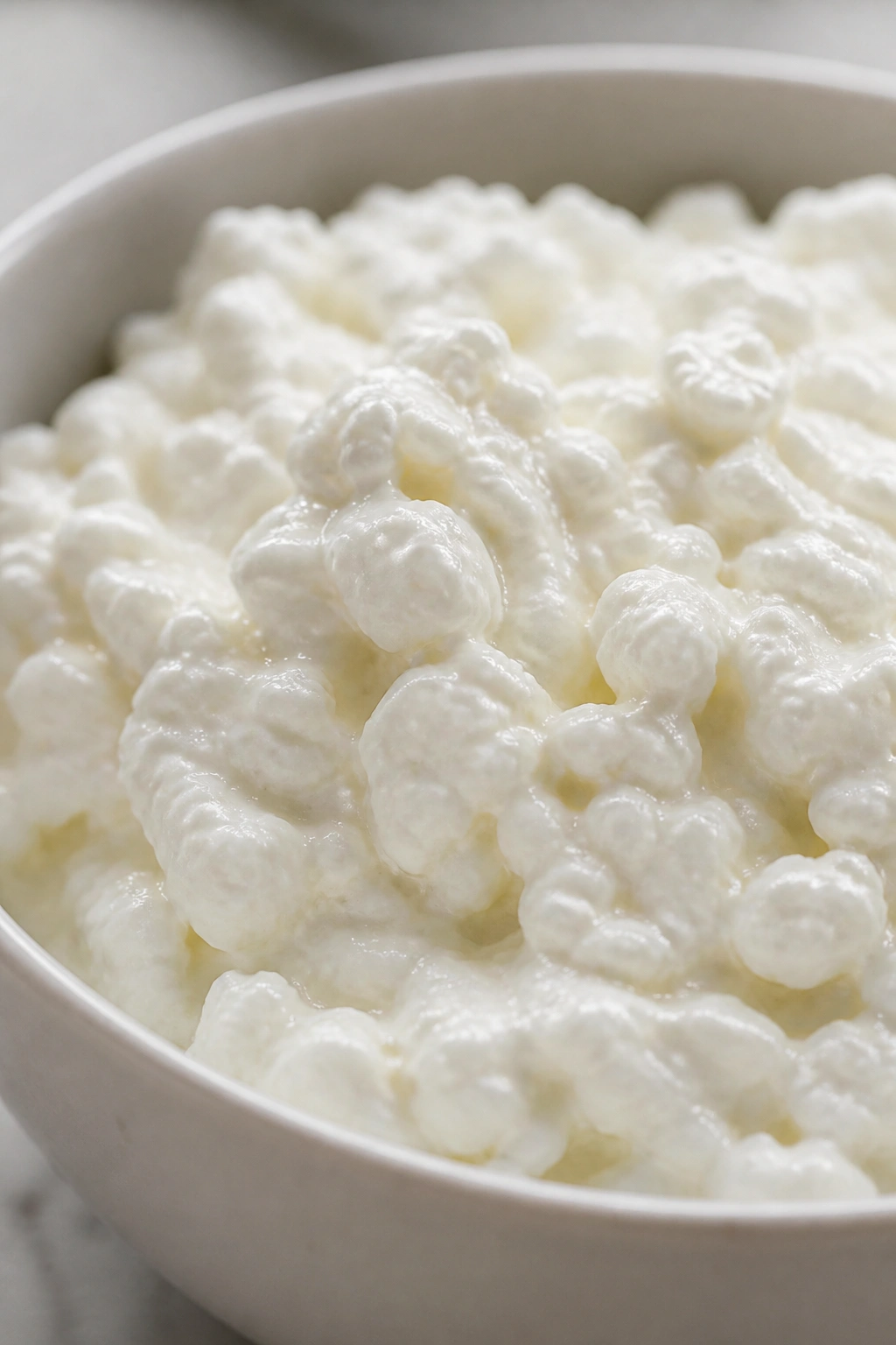 Close-up of cottage cheese curds in a bowl in a bright kitchen