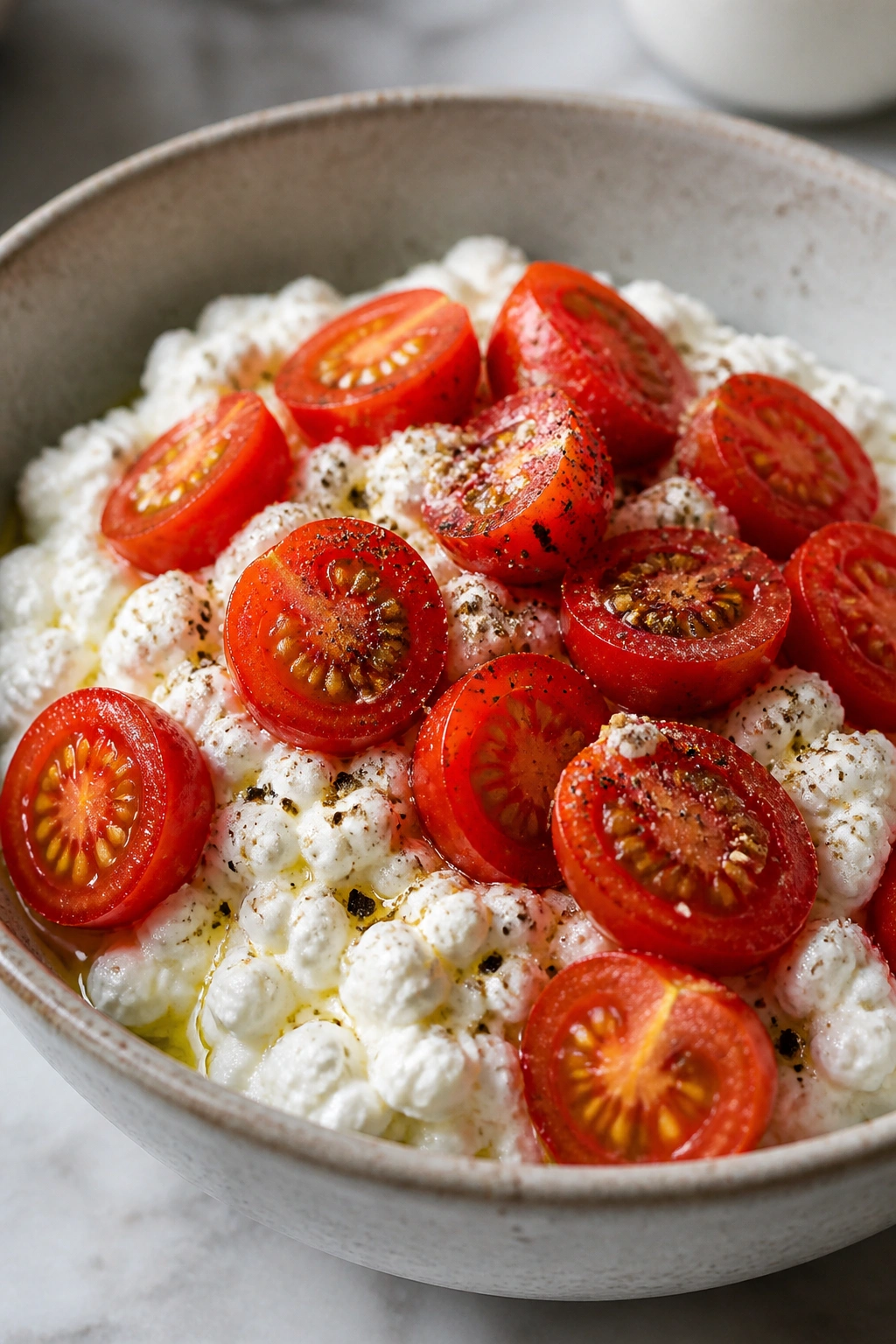 Cottage cheese with cherry tomatoes and black pepper on a plate