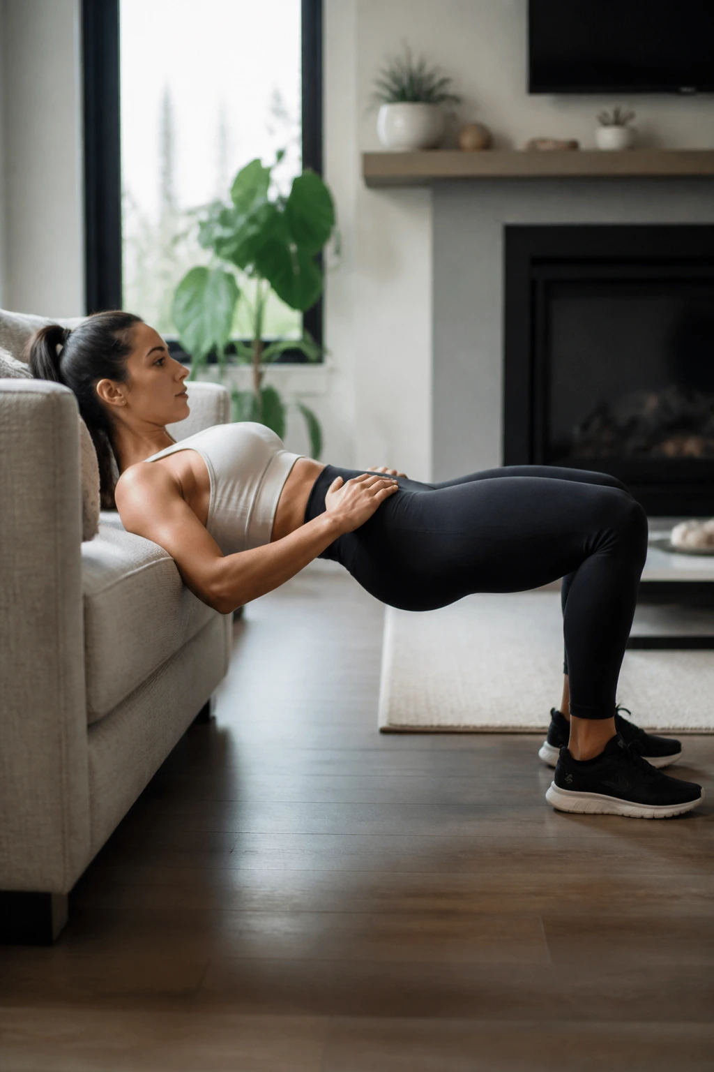 Hip thrust on a couch with elevated hips and engaged glutes