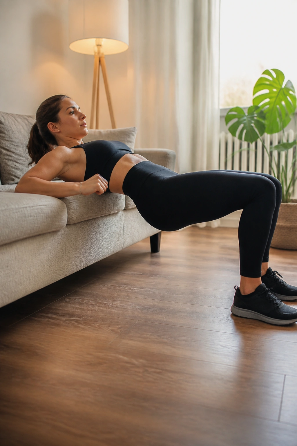 Close-up of a couch hip thrust with hips elevated and glutes engaged