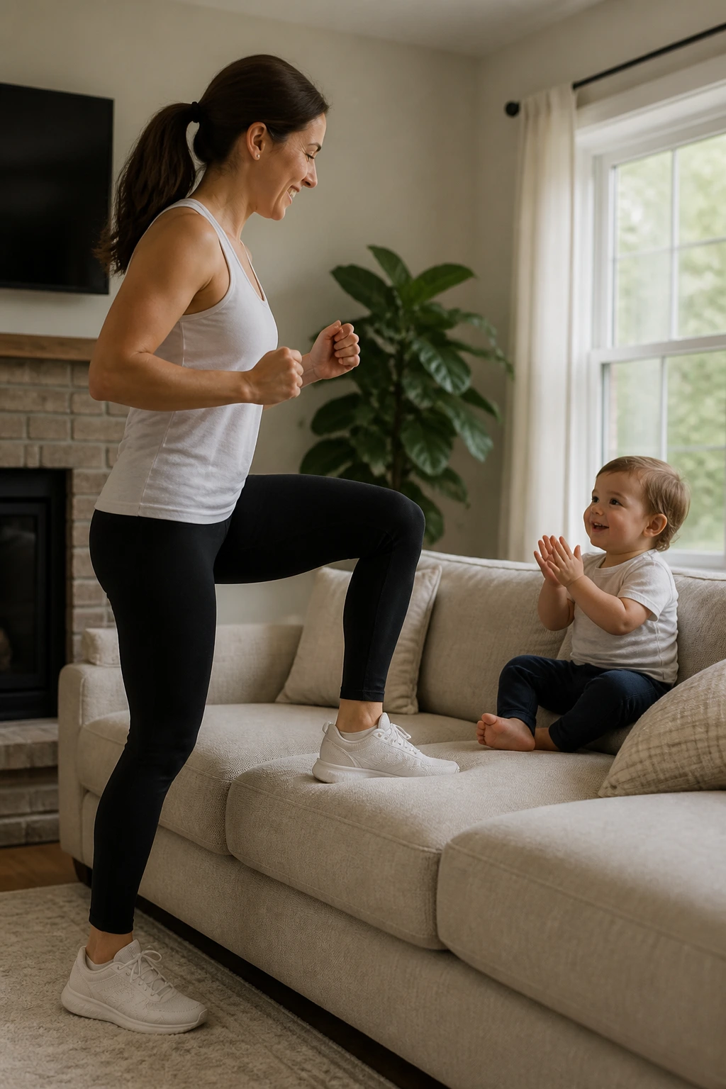 Medium shot of a person performing couch step-ups with a cheering toddler nearby