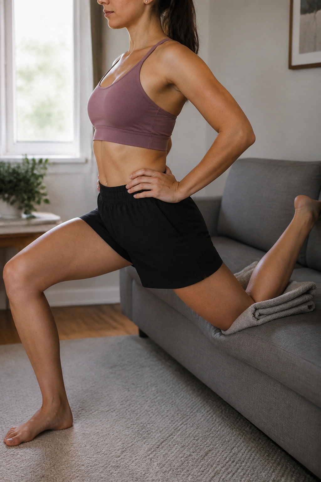 Real person performing couch stretch with back knee on pad in living room