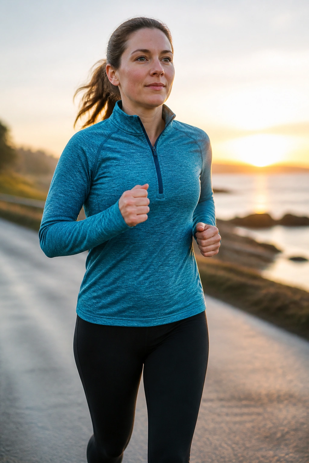 Medium-close portrait of a runner progressing from walk to jog on a track